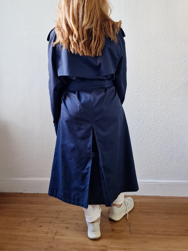 Vintage Navy Blue Double Breasted Trench Coat with Belt - L