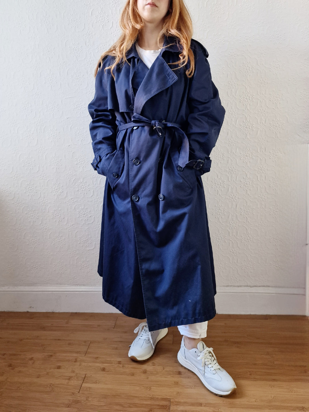 Vintage Navy Blue Double Breasted Trench Coat with Belt - L