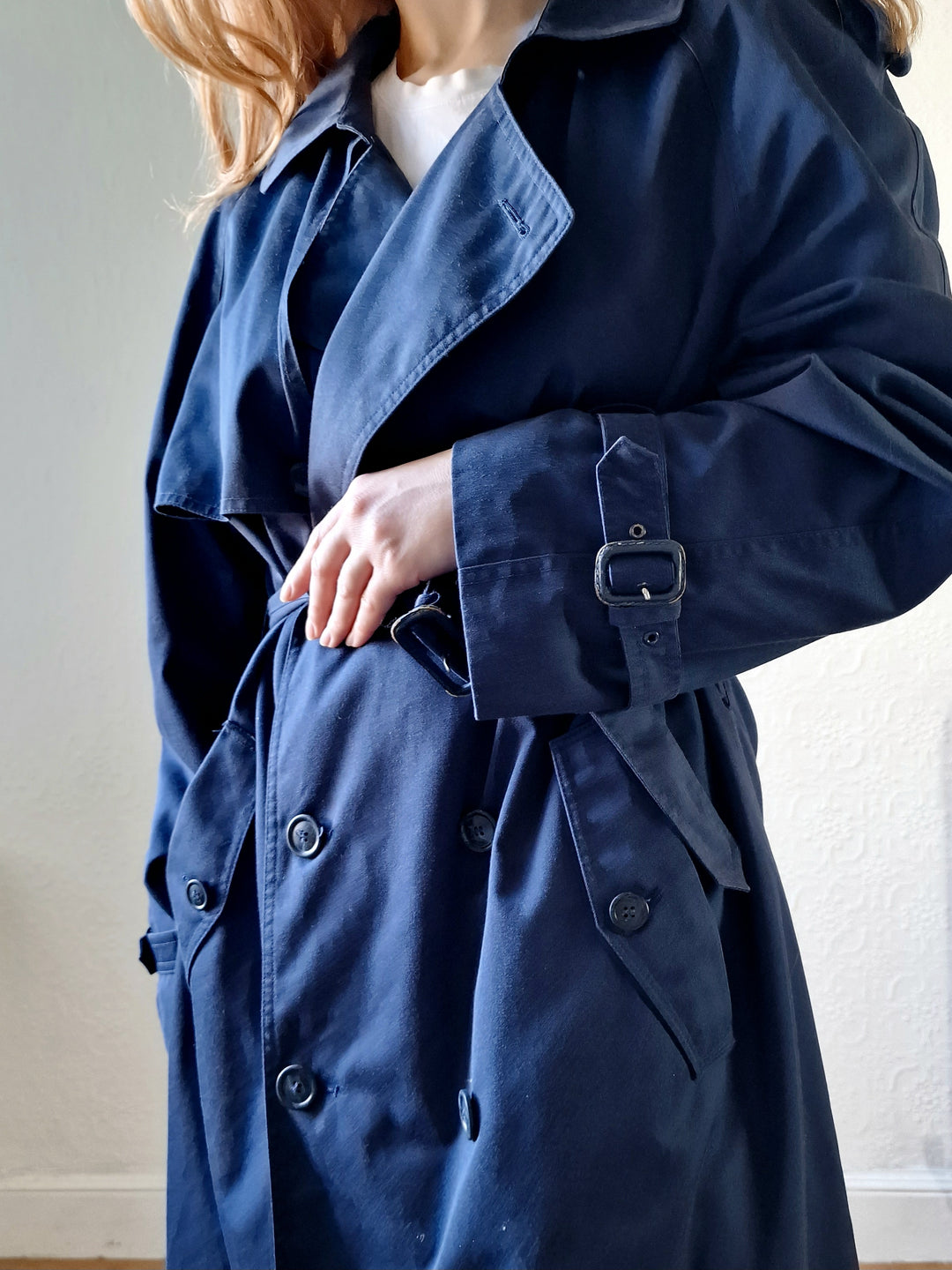 Vintage Navy Blue Double Breasted Trench Coat with Belt - L