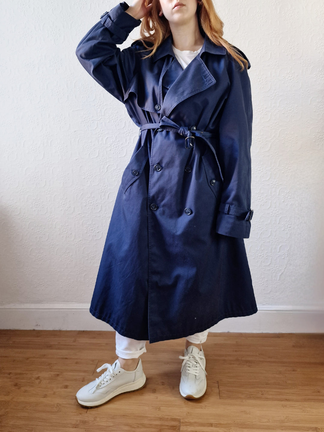 Vintage Navy Blue Double Breasted Trench Coat with Belt - L