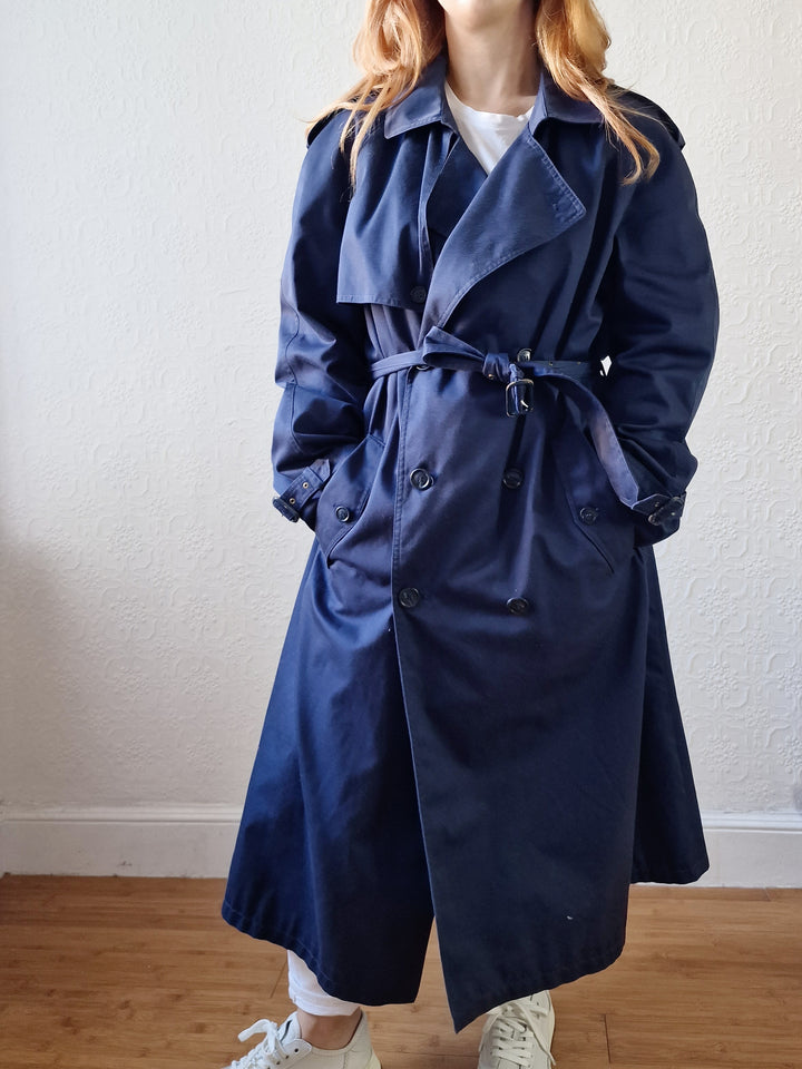 Vintage Navy Blue Double Breasted Trench Coat with Belt - L