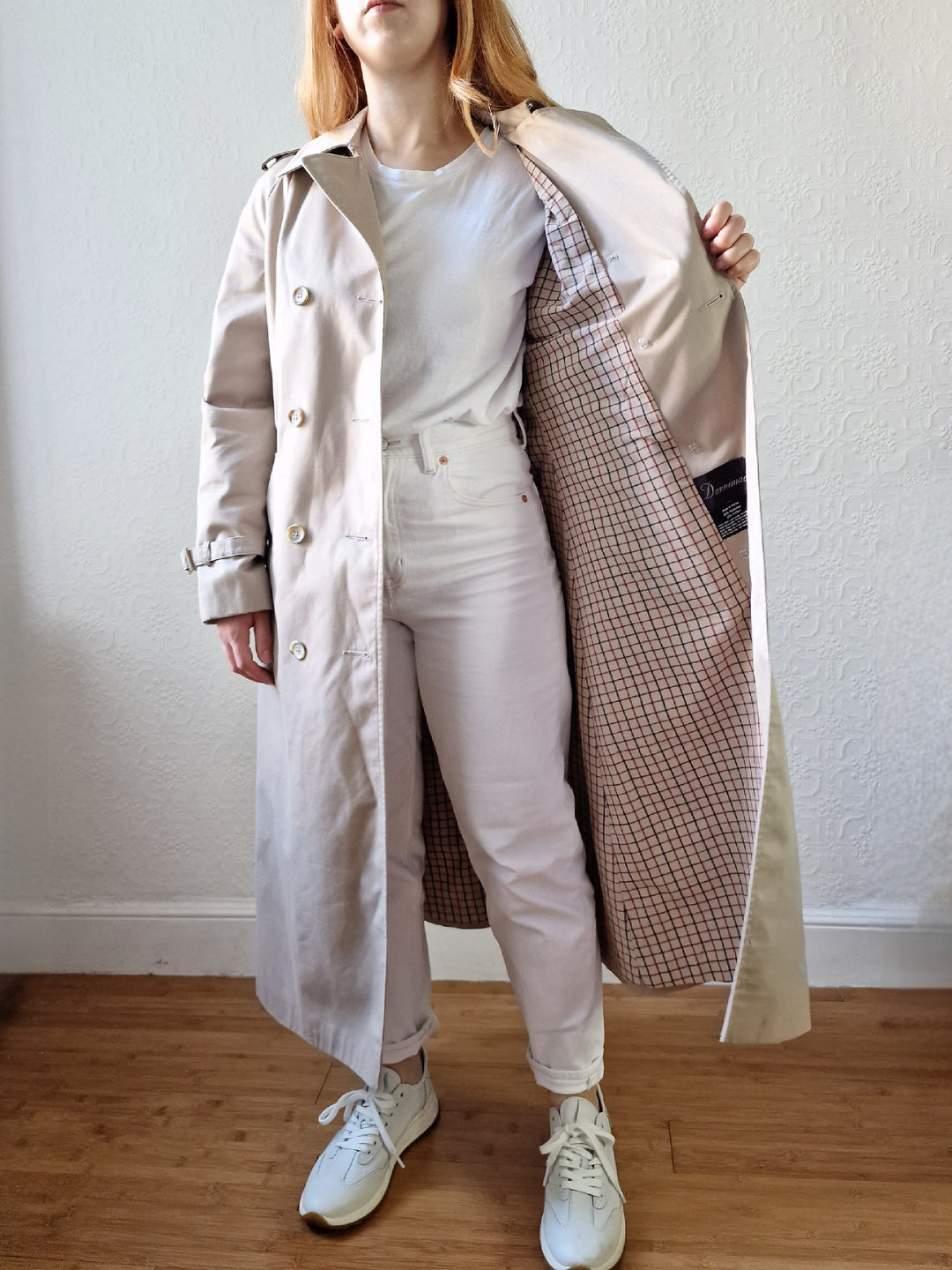 Vintage Light Beige Double Breasted Trench Coat with Belt - S