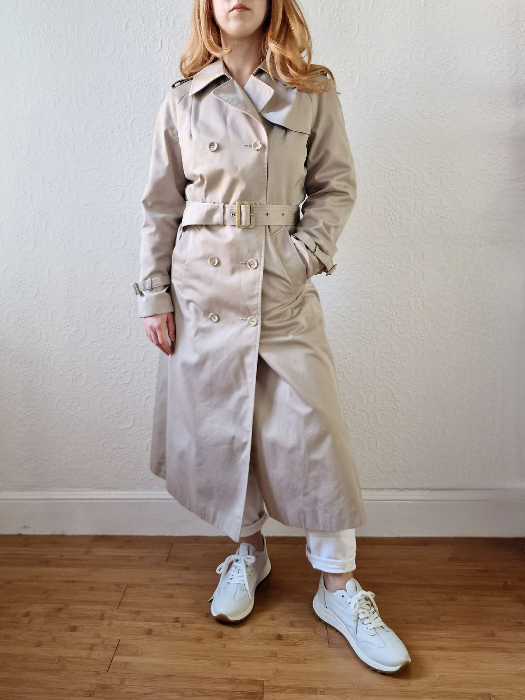 Vintage Light Beige Double Breasted Trench Coat with Belt - S