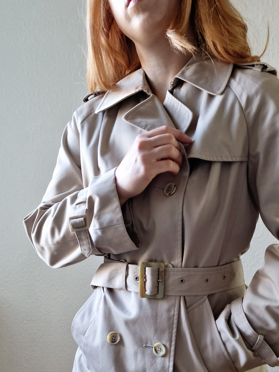 Vintage Light Beige Double Breasted Trench Coat with Belt - S