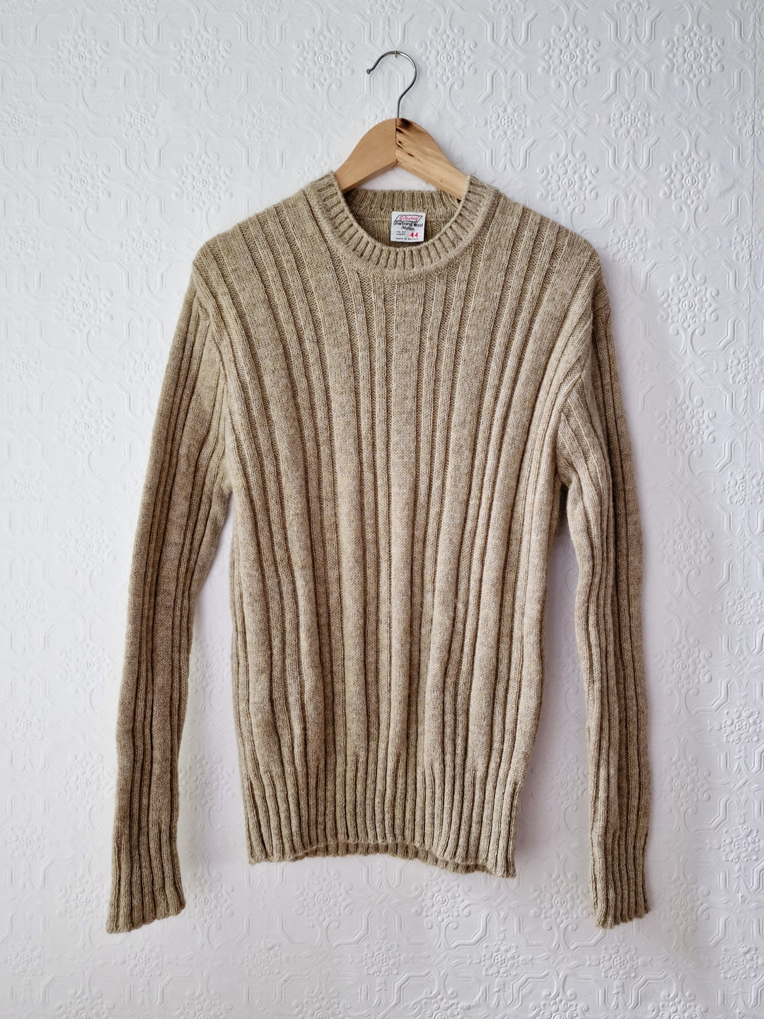 Vintage 70s Shetland Wool Light Brown Jumper with Crew Neck - M