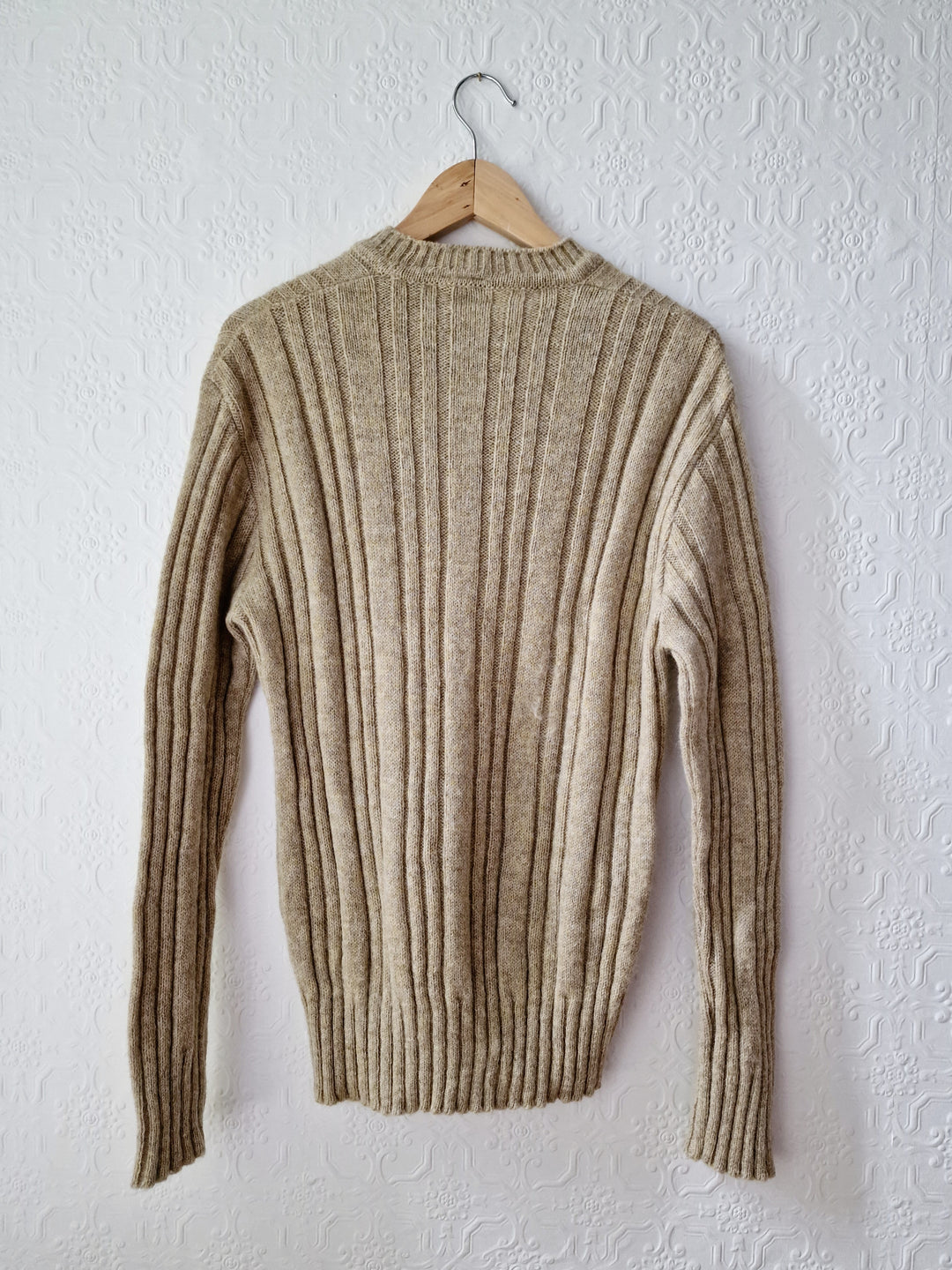 Vintage 70s Shetland Wool Light Brown Jumper with Crew Neck - M