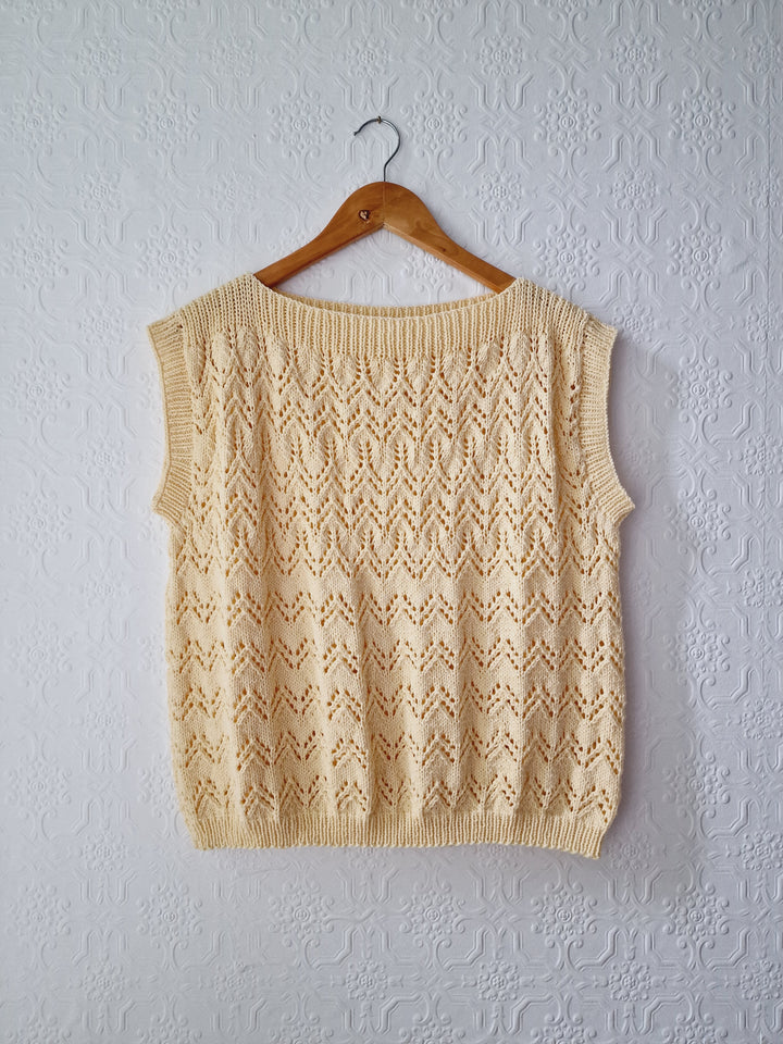 Vintage 80s Handknitted Beige Boat Neck Cap Sleeve Crochet Vest Top - M