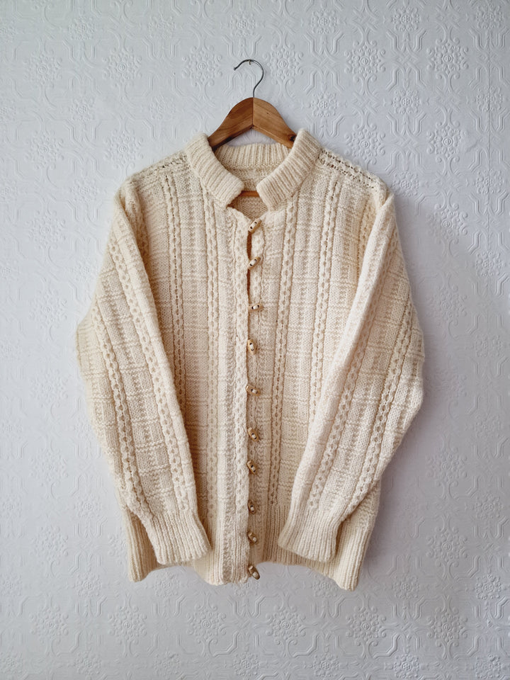 Vintage Pure Wool Cream Aran Cardigan with Toggle Closure - S/M