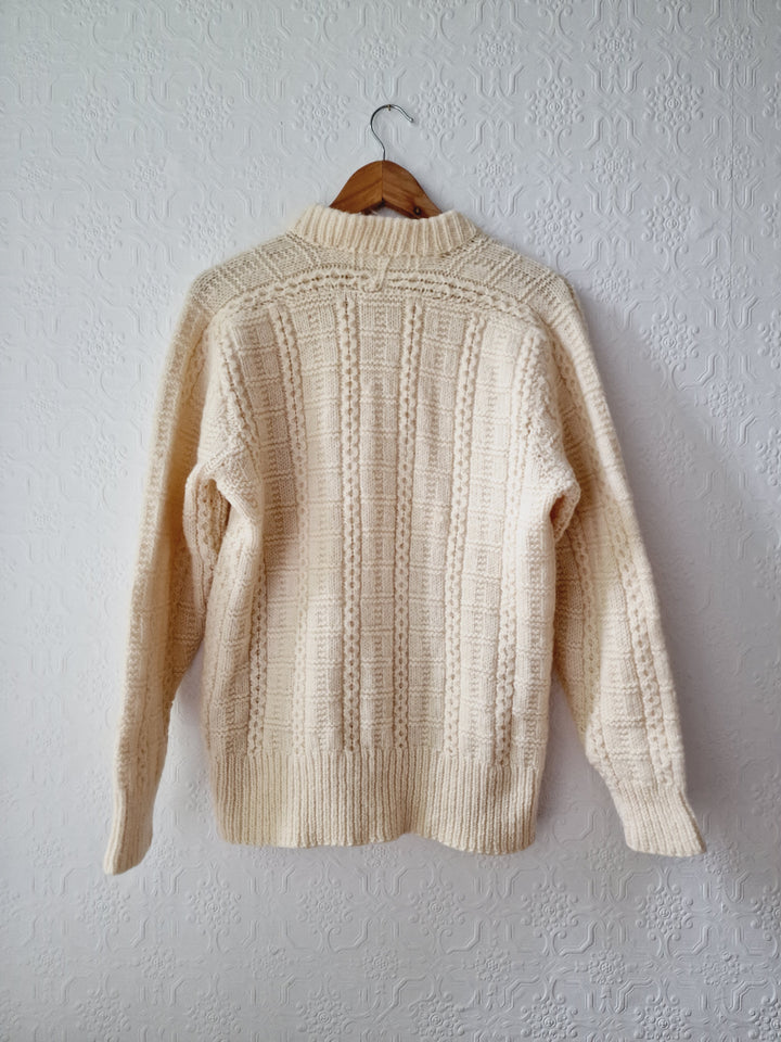 Vintage Pure Wool Cream Aran Cardigan with Toggle Closure - S/M