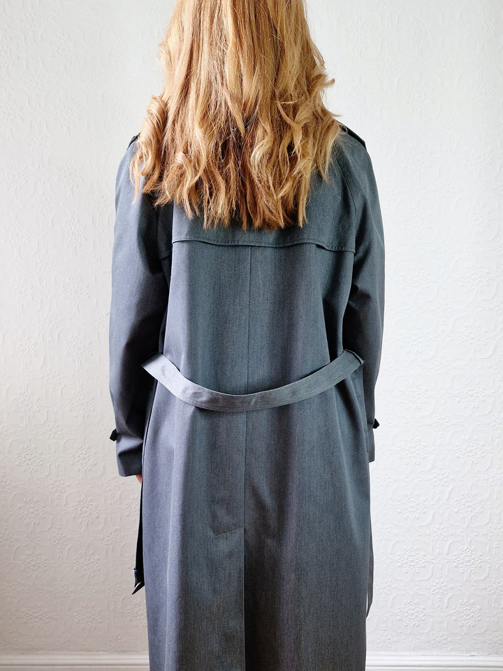 Vintage Dark Green Denim Effect Single Breasted Trench Coat with Belt - L