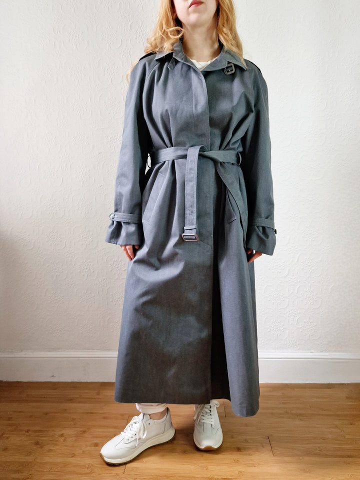 Vintage Dark Green Denim Effect Single Breasted Trench Coat with Belt - L