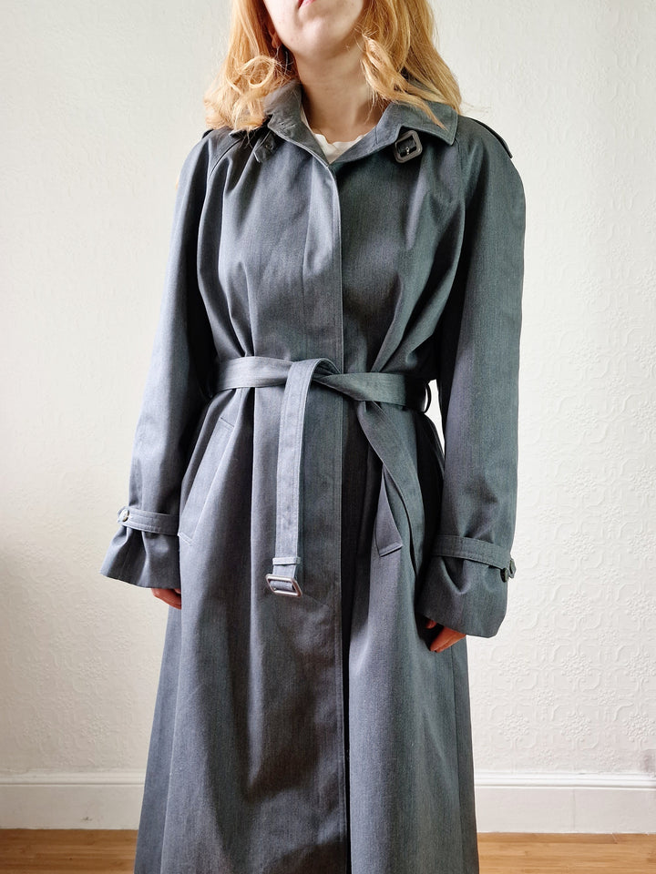 Vintage Dark Green Denim Effect Single Breasted Trench Coat with Belt - L