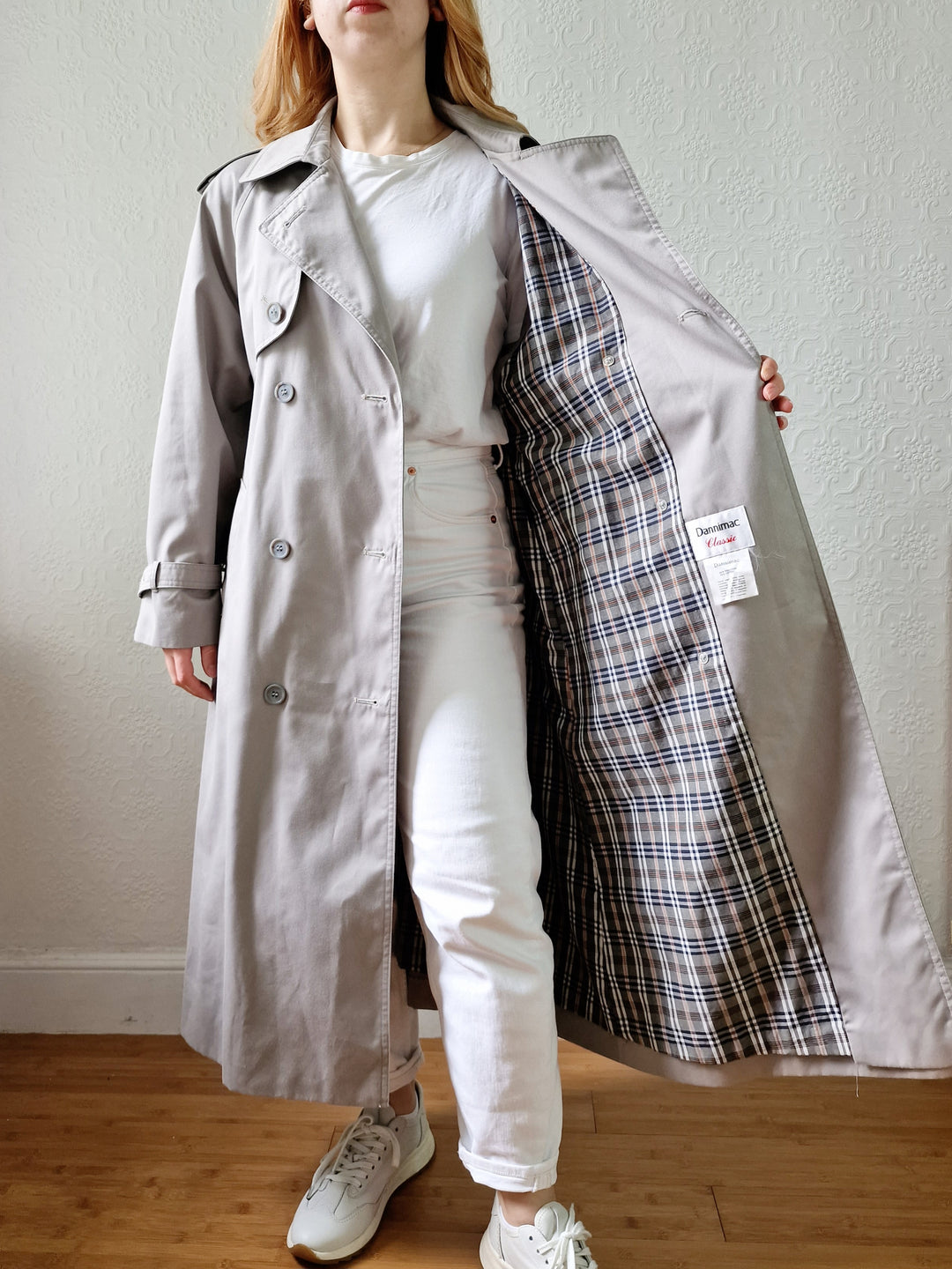 Vintage Light Grey Double Breasted Trench Coat with Belt - M