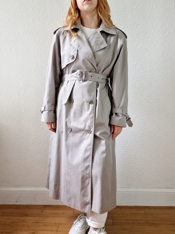 Vintage Light Grey Double Breasted Trench Coat with Belt - M