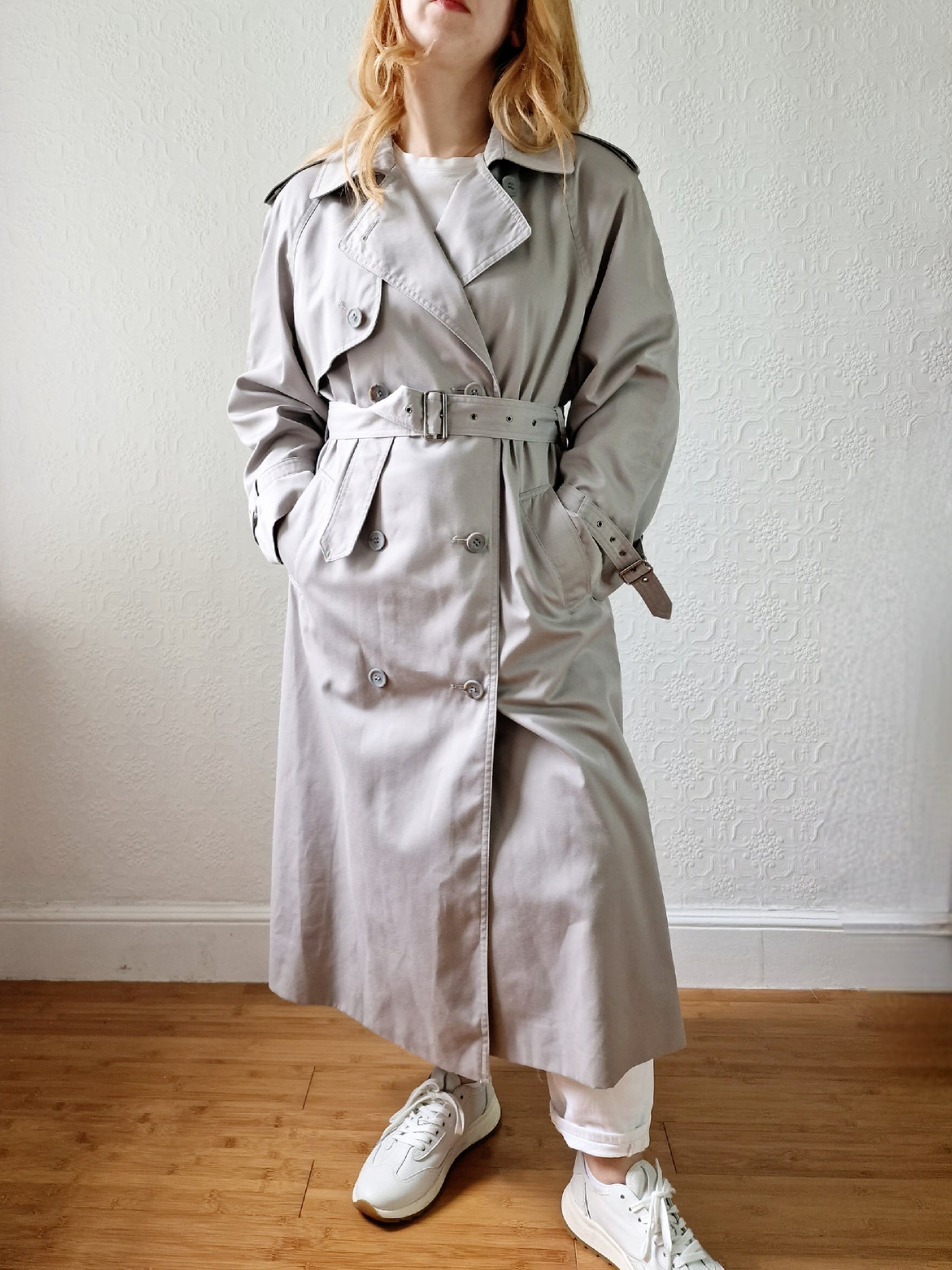 Vintage Light Grey Double Breasted Trench Coat with Belt - M