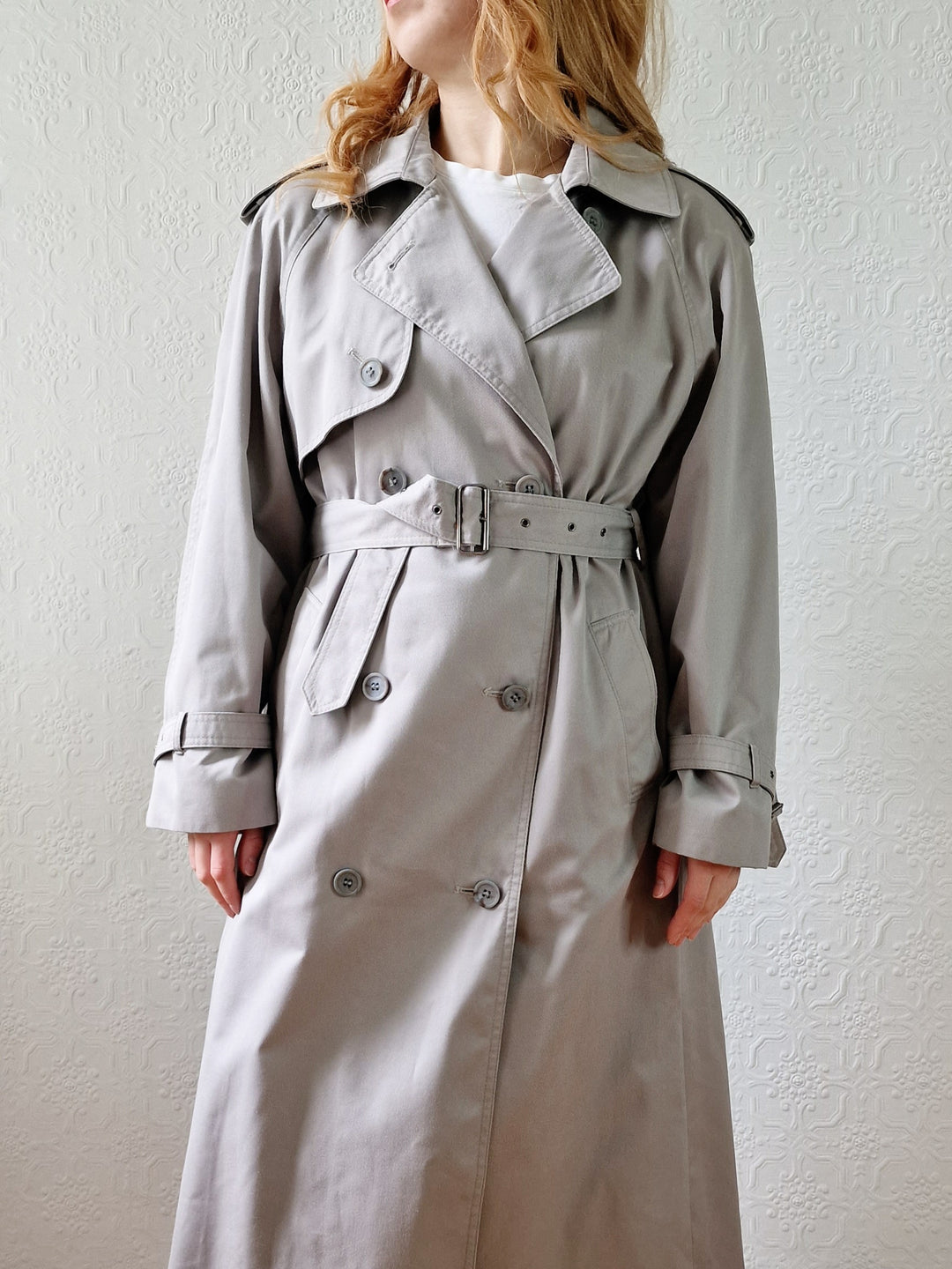 Vintage Light Grey Double Breasted Trench Coat with Belt - M