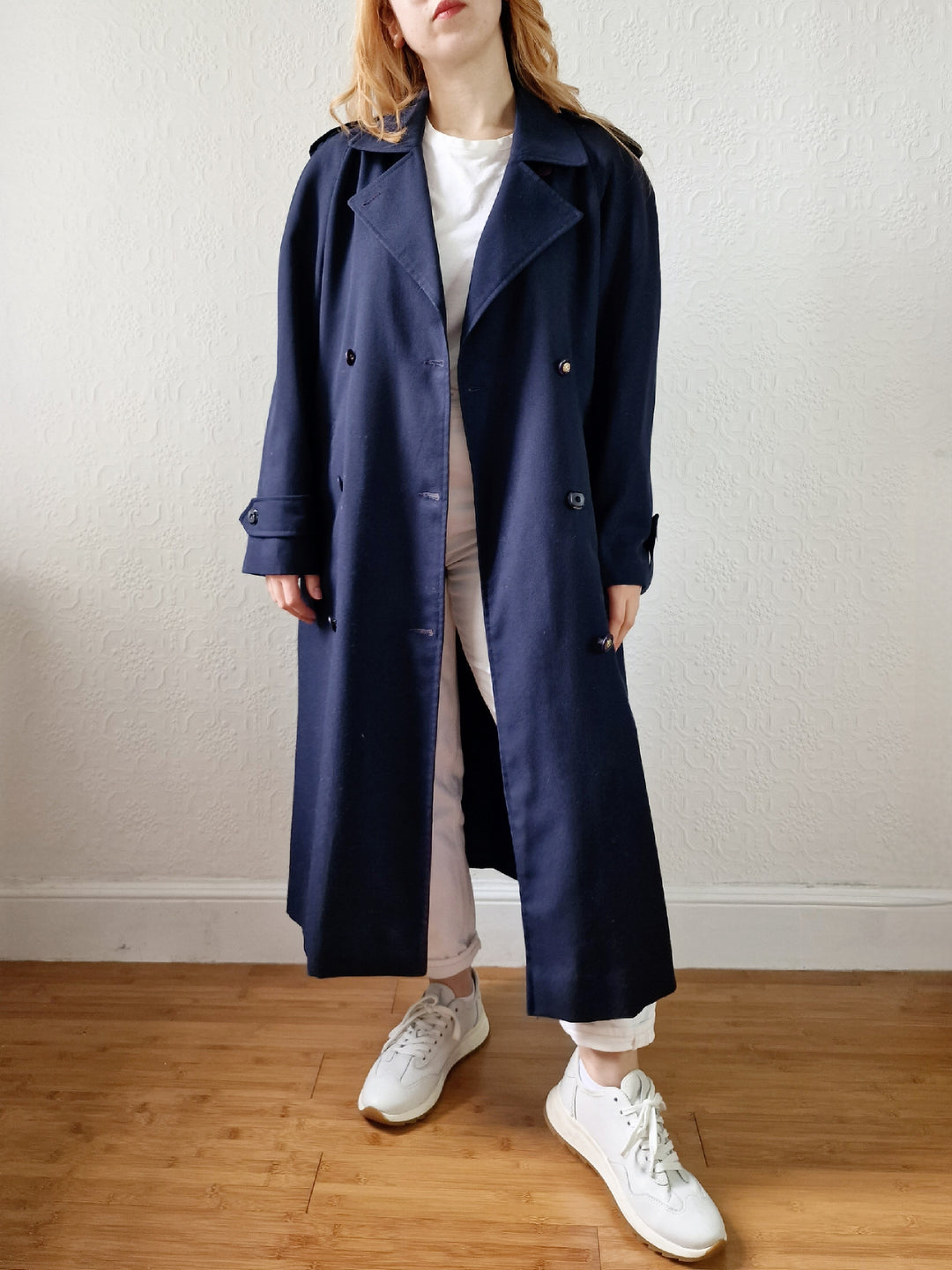 Vintage Dark Navy Blue Double Breasted Trench Coat with Belt - L