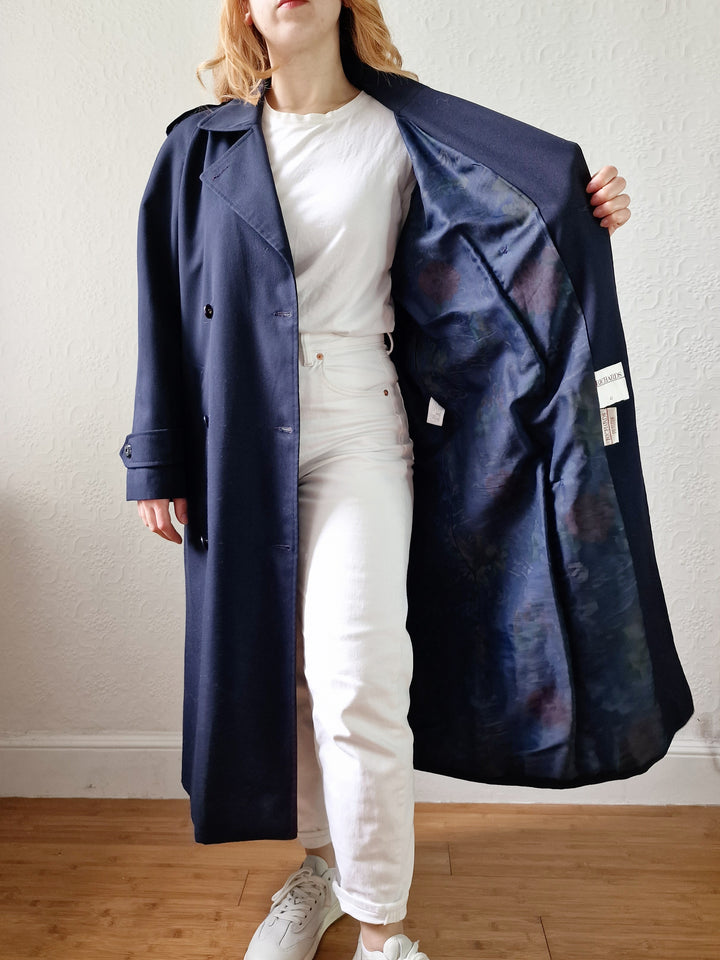 Vintage Dark Navy Blue Double Breasted Trench Coat with Belt - L