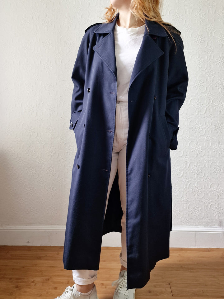 Vintage Dark Navy Blue Double Breasted Trench Coat with Belt - L