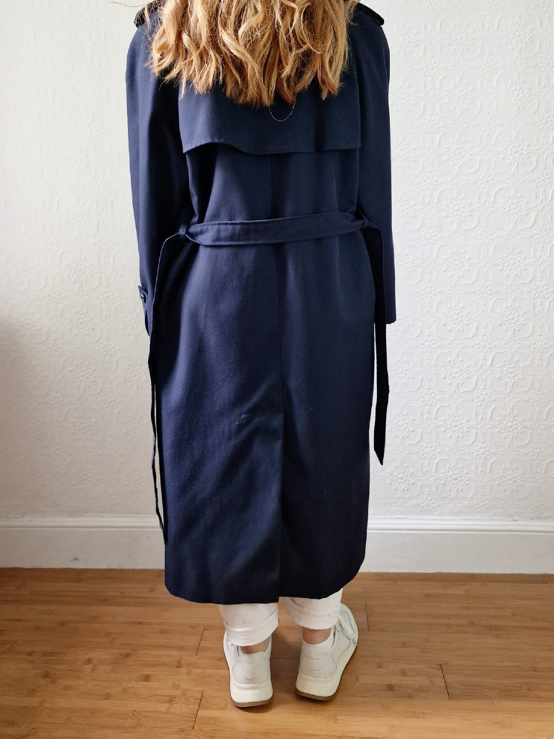 Vintage Dark Navy Blue Double Breasted Trench Coat with Belt - L