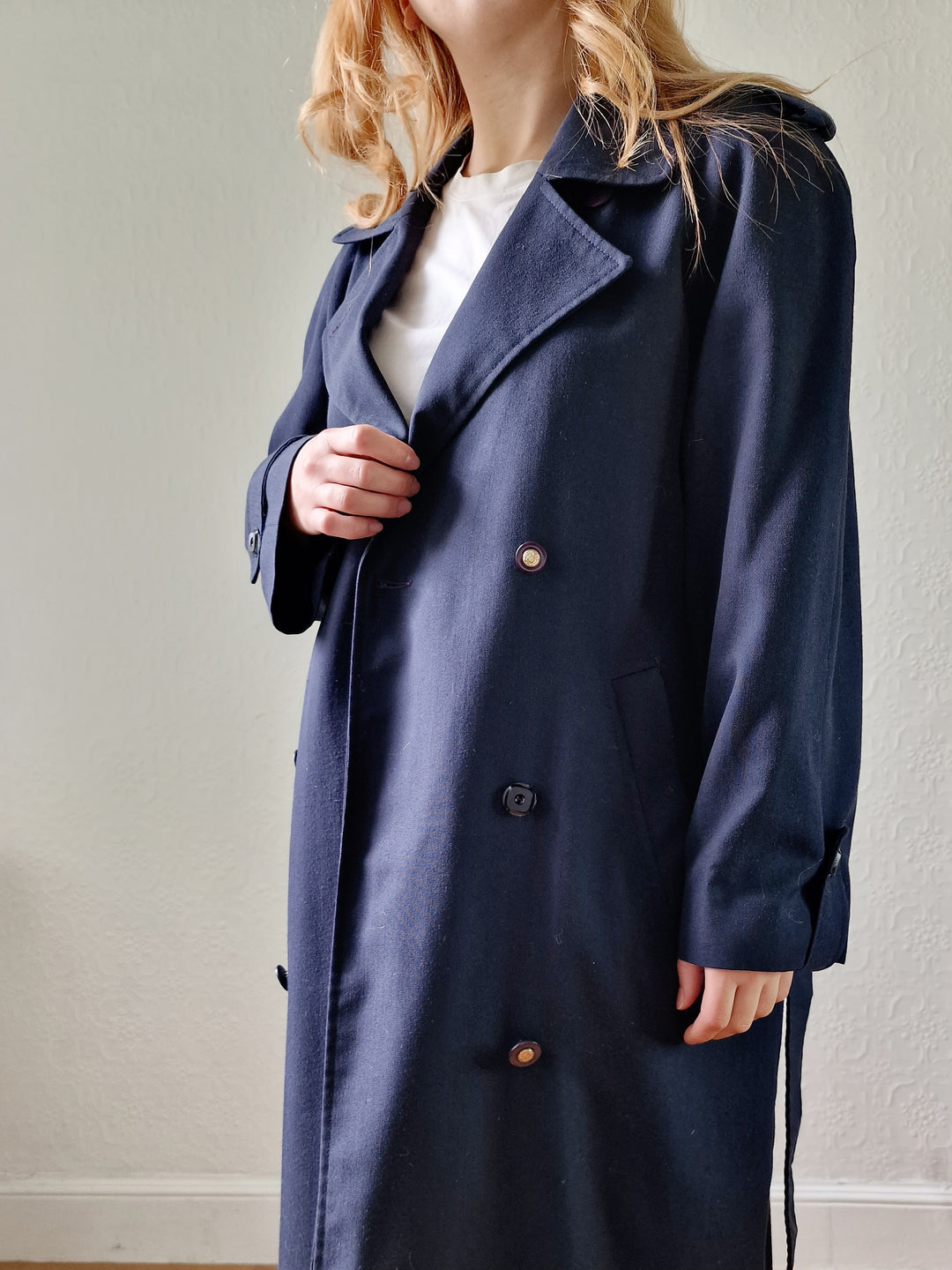 Vintage Dark Navy Blue Double Breasted Trench Coat with Belt - L