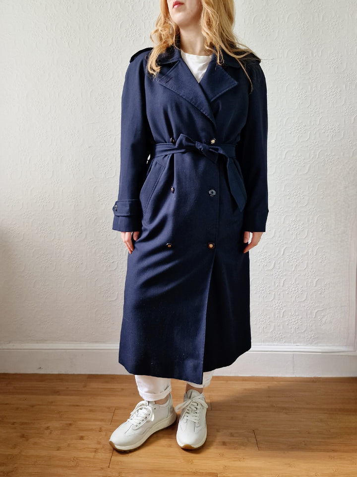 Vintage Dark Navy Blue Double Breasted Trench Coat with Belt - L