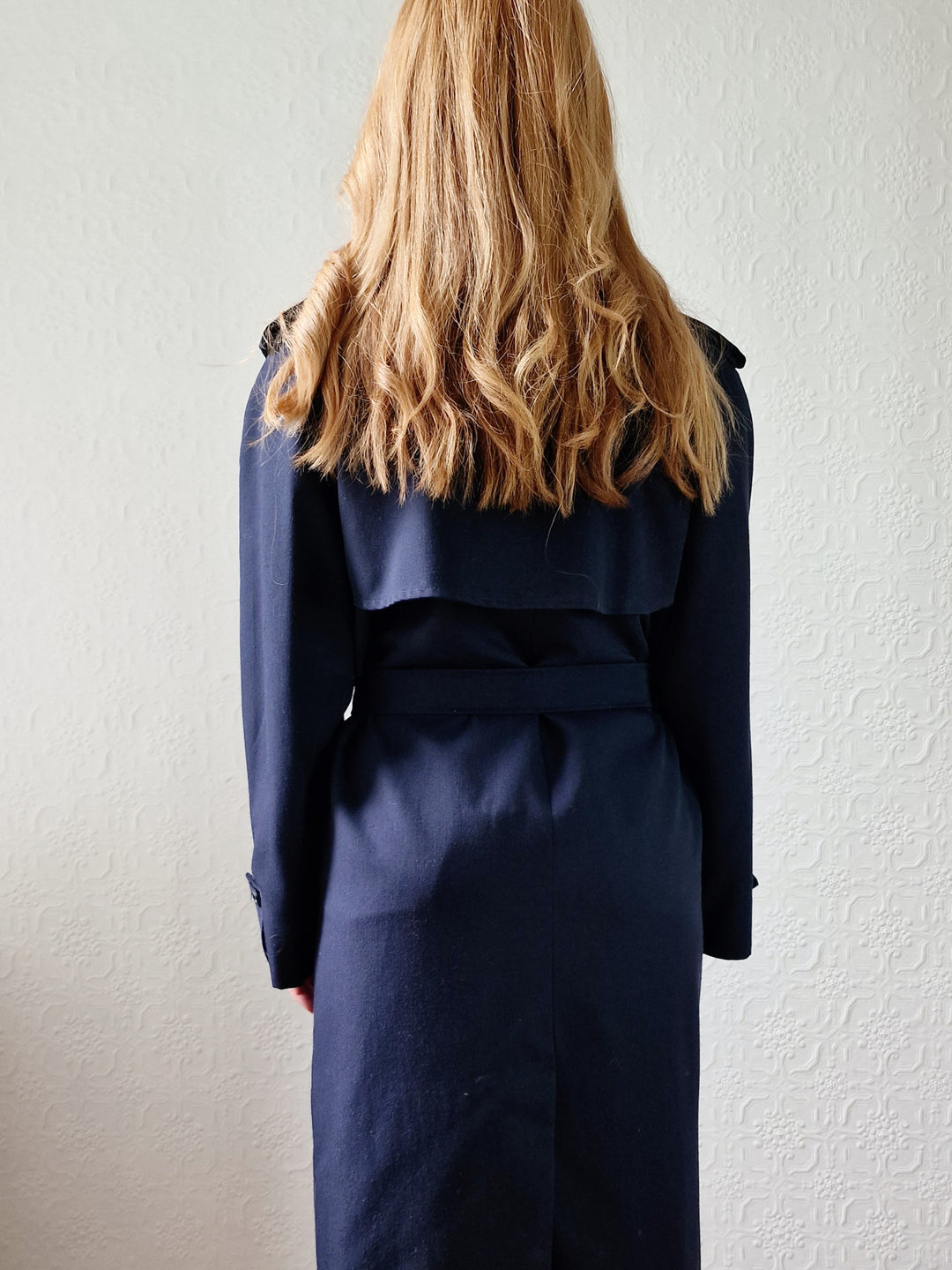 Vintage Dark Navy Blue Double Breasted Trench Coat with Belt - L