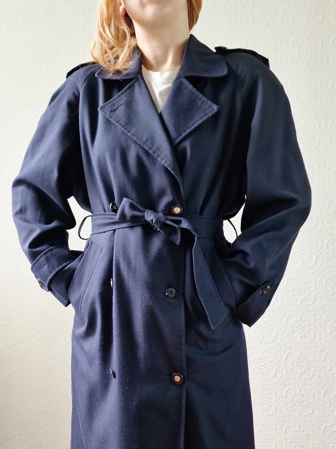 Vintage Dark Navy Blue Double Breasted Trench Coat with Belt - L