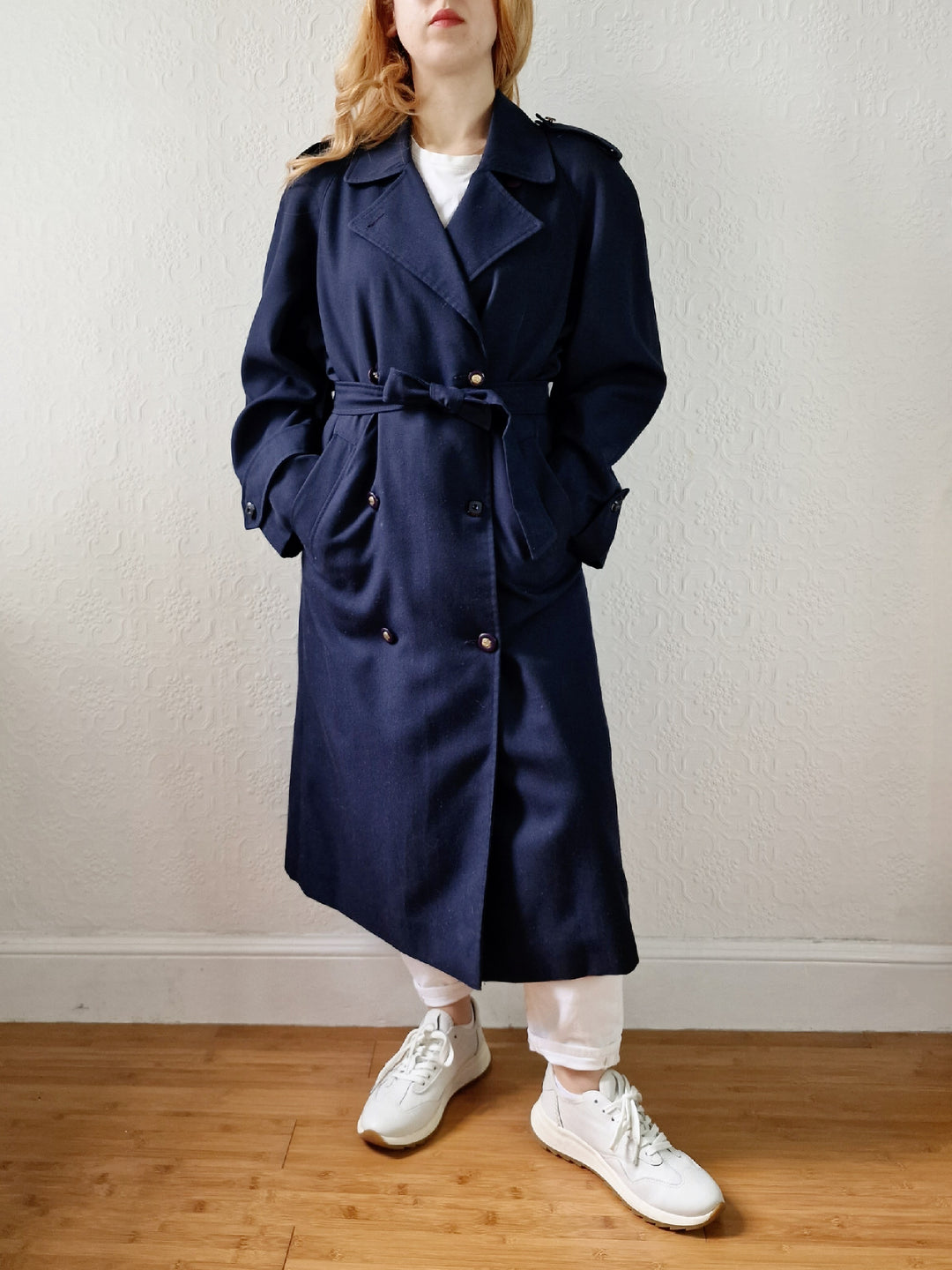 Vintage Dark Navy Blue Double Breasted Trench Coat with Belt - L