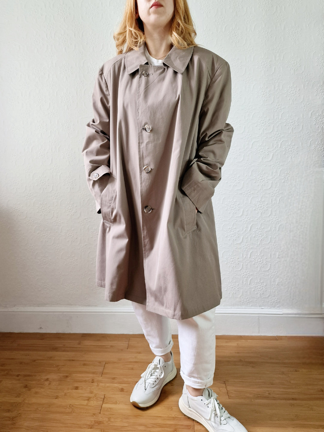 Vintage 90s Taupe Grey Single Breasted Trench - XL