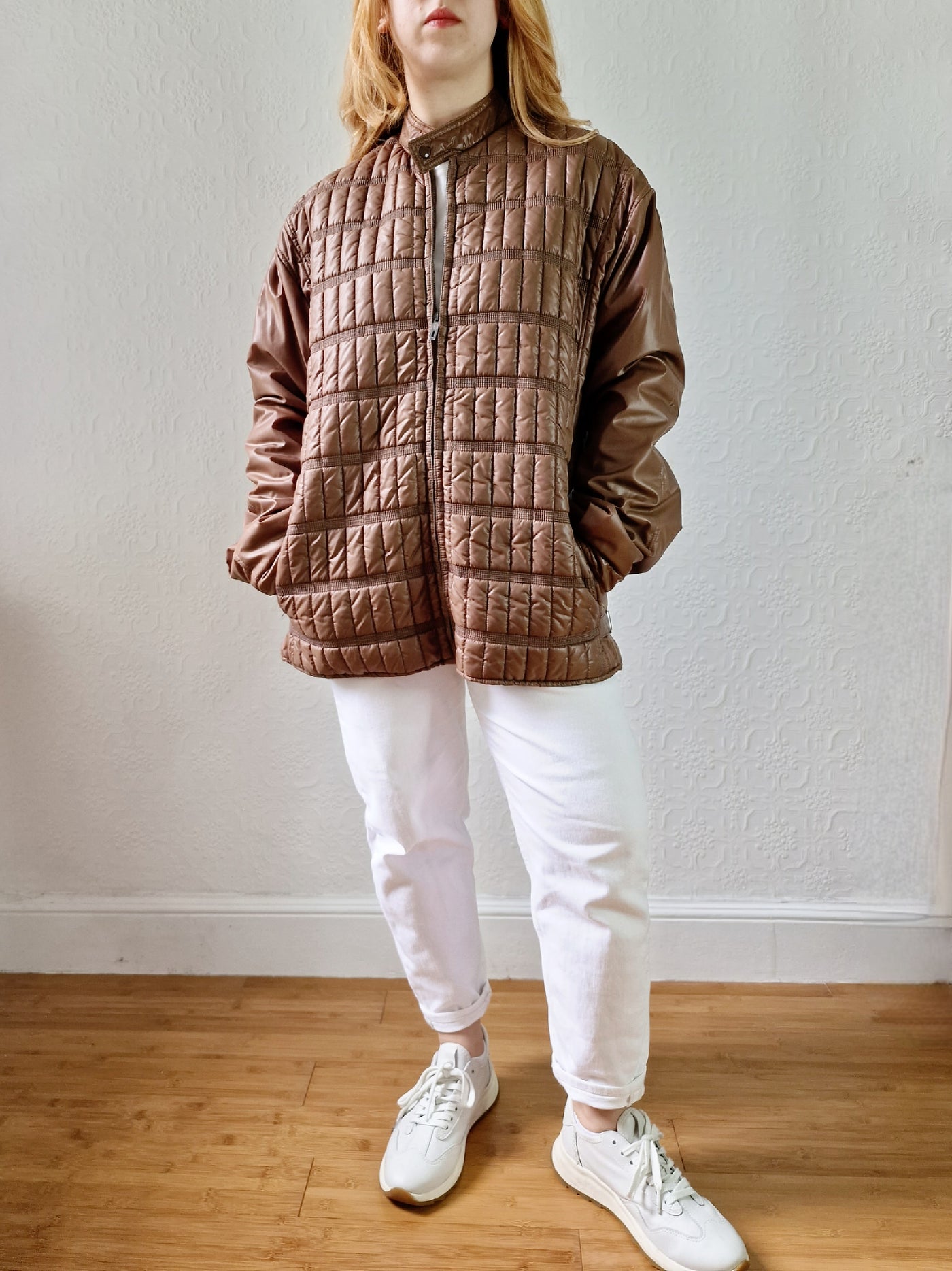 Vintage 80s Brown Lightweight Puffer Short Jacket with Optional Hood - M