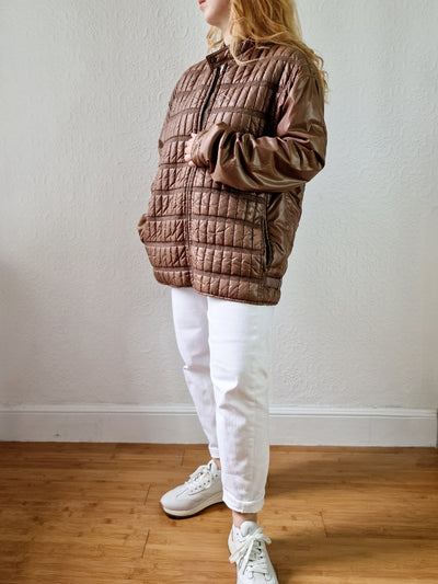 Vintage 80s Brown Lightweight Puffer Short Jacket with Optional Hood - M