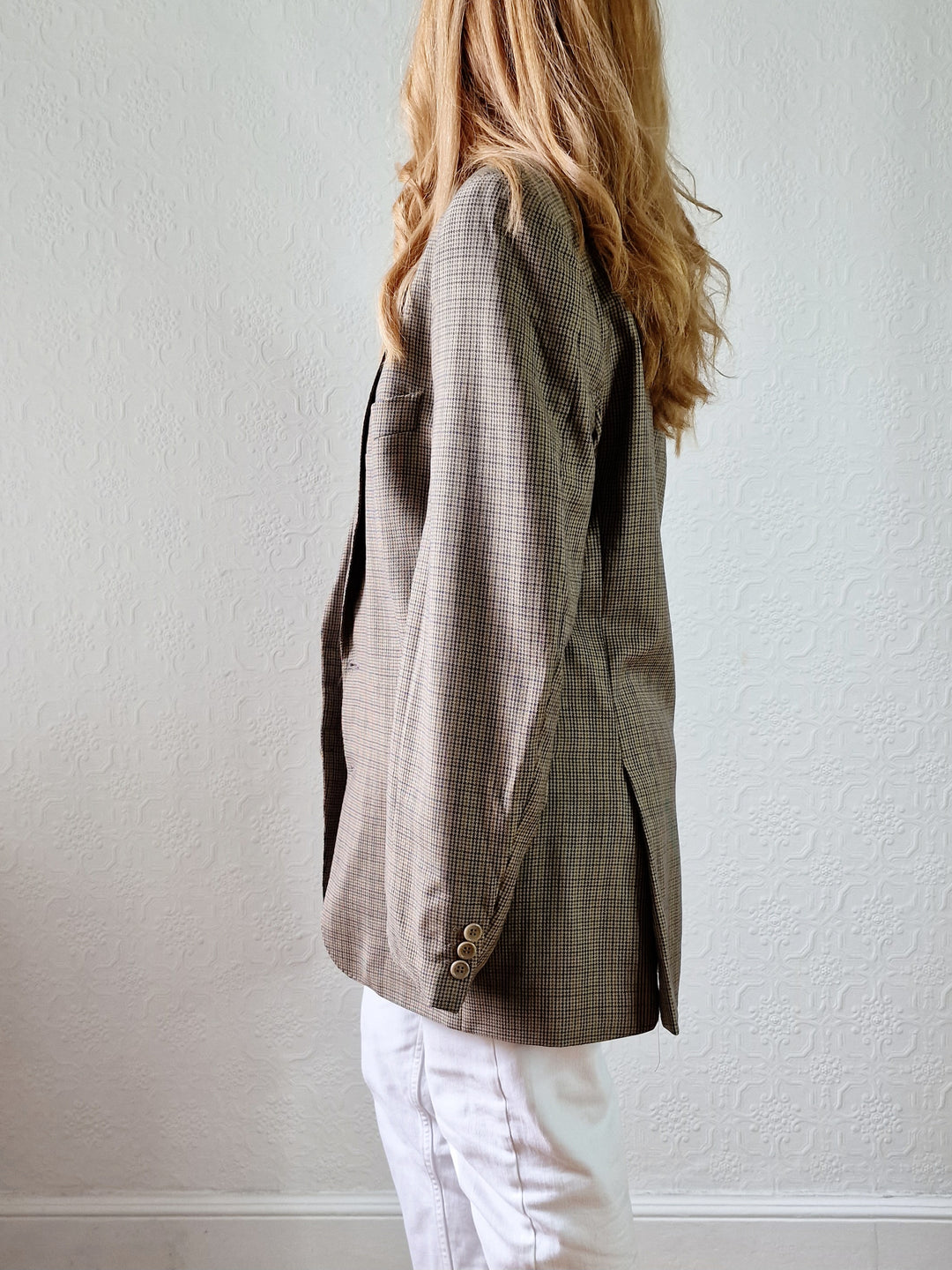 Vintage 80s Khaki Green Houndstooth Wool Blazer - M