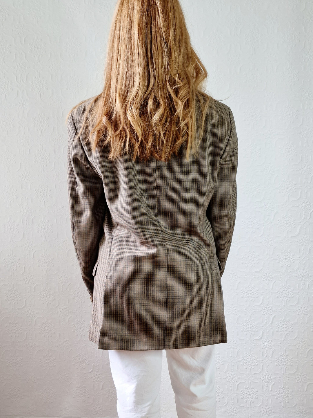 Vintage 80s Khaki Green Houndstooth Wool Blazer - M