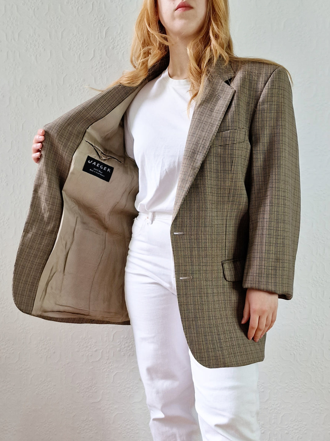 Vintage 80s Khaki Green Houndstooth Wool Blazer - M