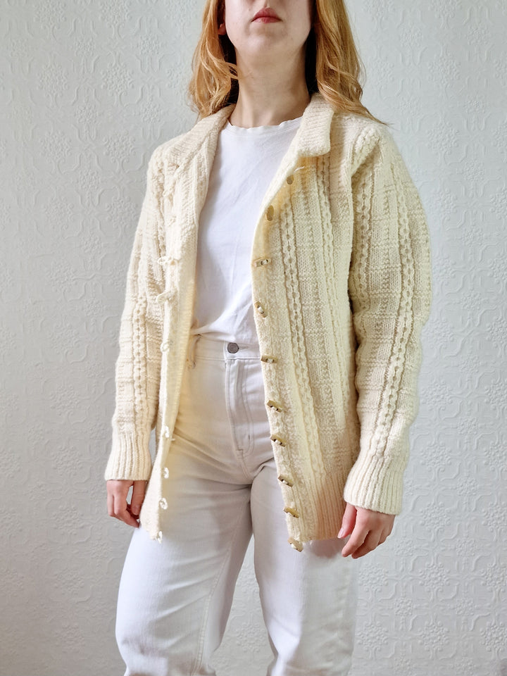 Vintage Pure Wool Cream Aran Cardigan with Toggle Closure - S/M