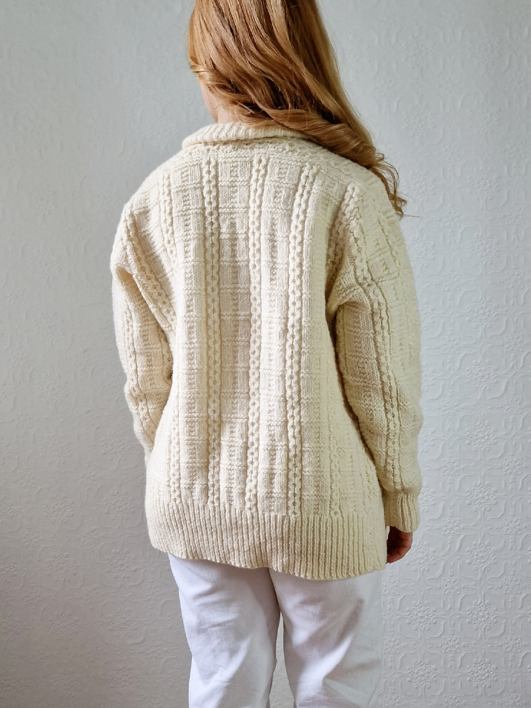 Vintage Pure Wool Cream Aran Cardigan with Toggle Closure - S/M