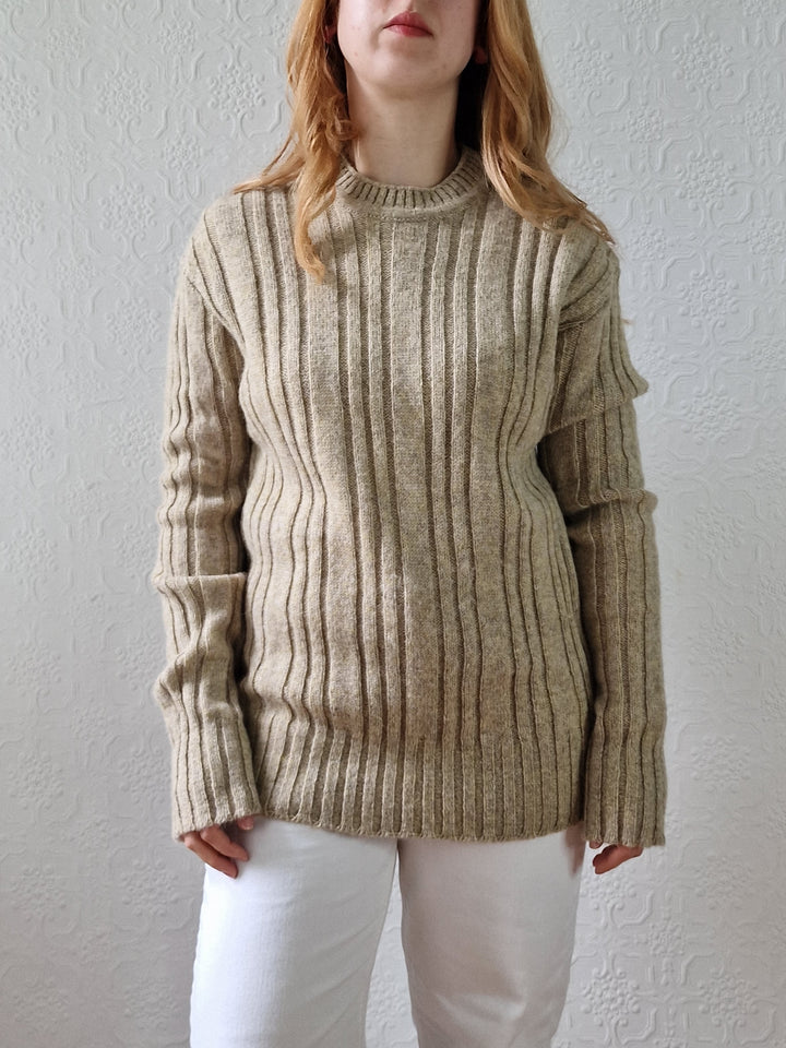 Vintage 70s Shetland Wool Light Brown Jumper with Crew Neck - M