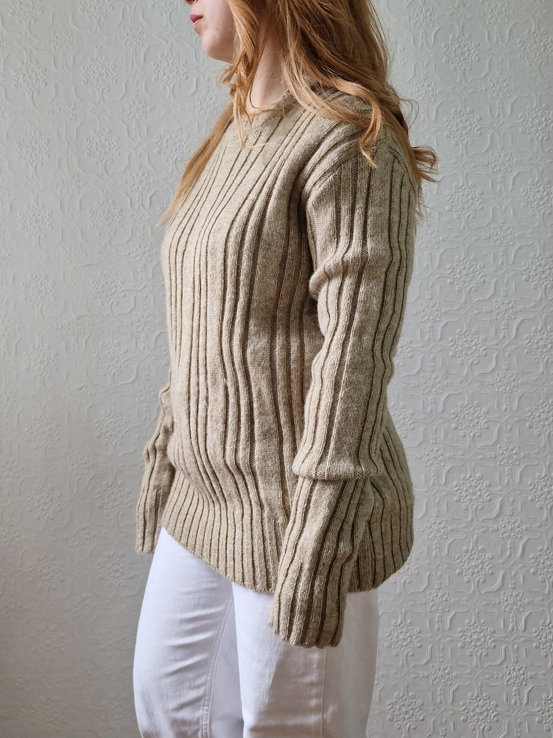 Vintage 70s Shetland Wool Light Brown Jumper with Crew Neck - M