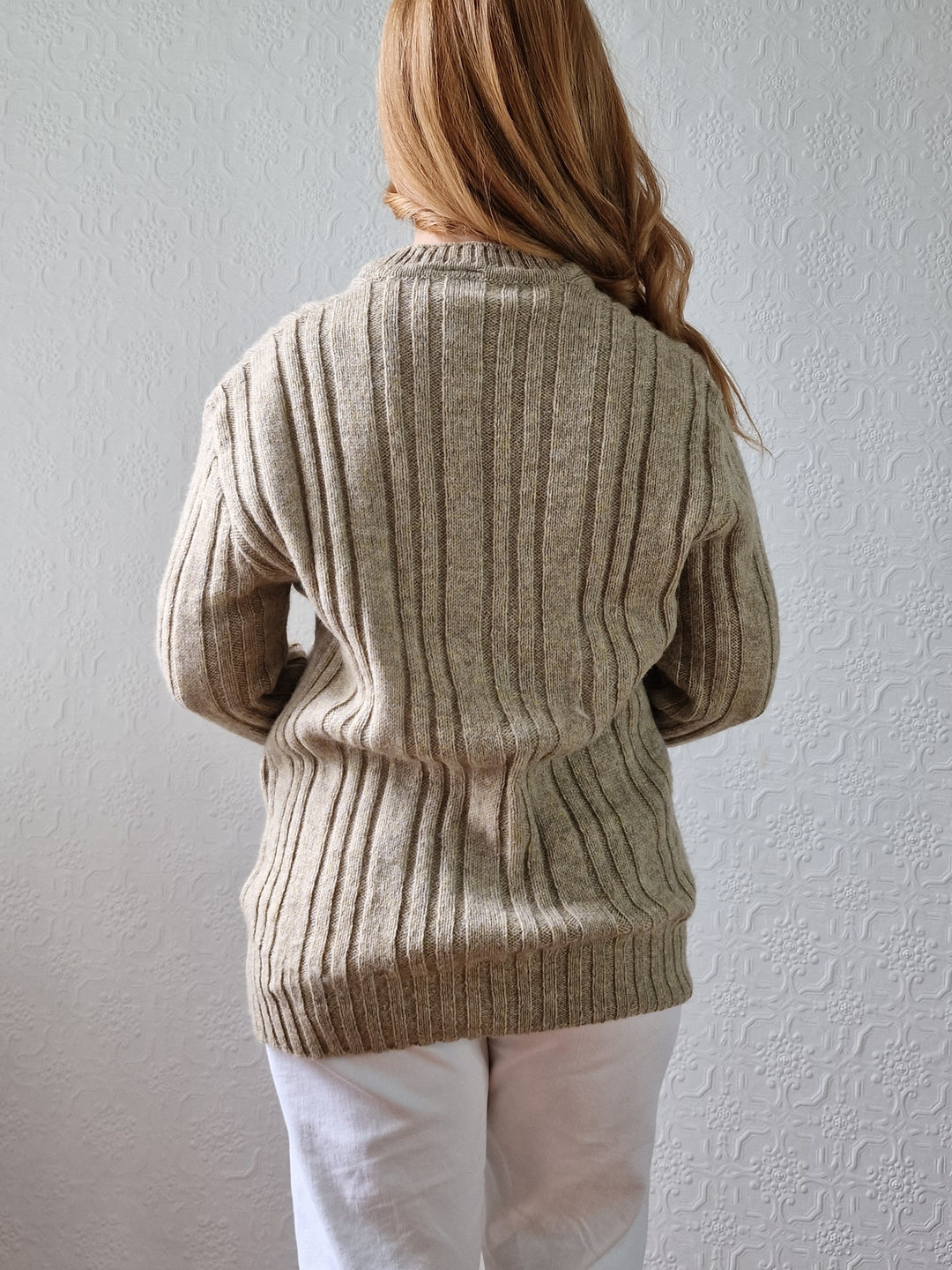 Vintage 70s Shetland Wool Light Brown Jumper with Crew Neck - M