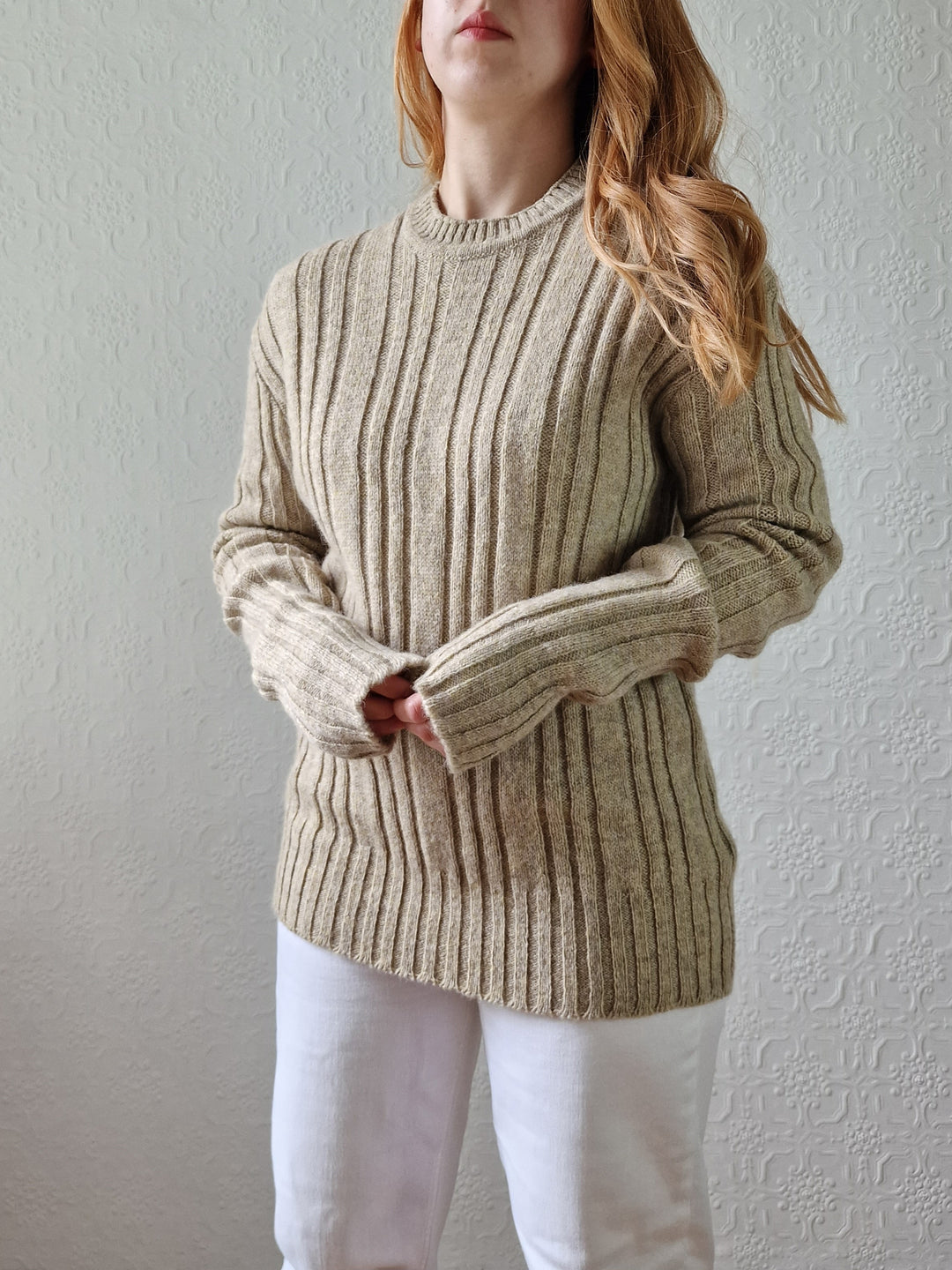 Vintage 70s Shetland Wool Light Brown Jumper with Crew Neck - M