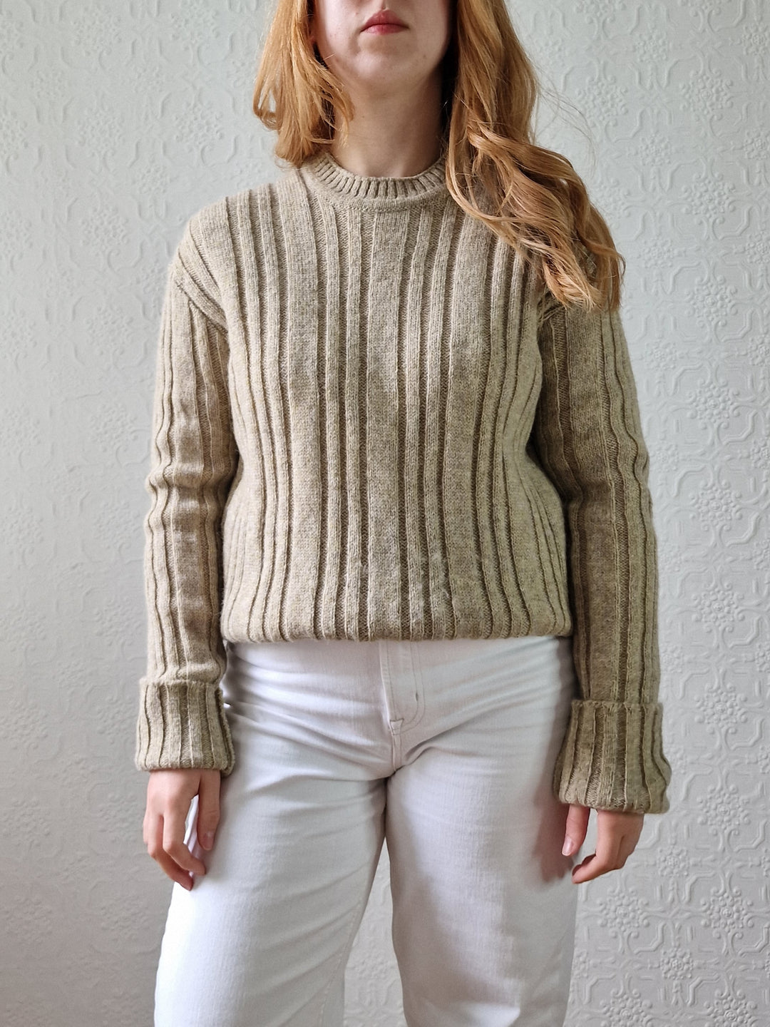 Vintage 70s Shetland Wool Light Brown Jumper with Crew Neck - M