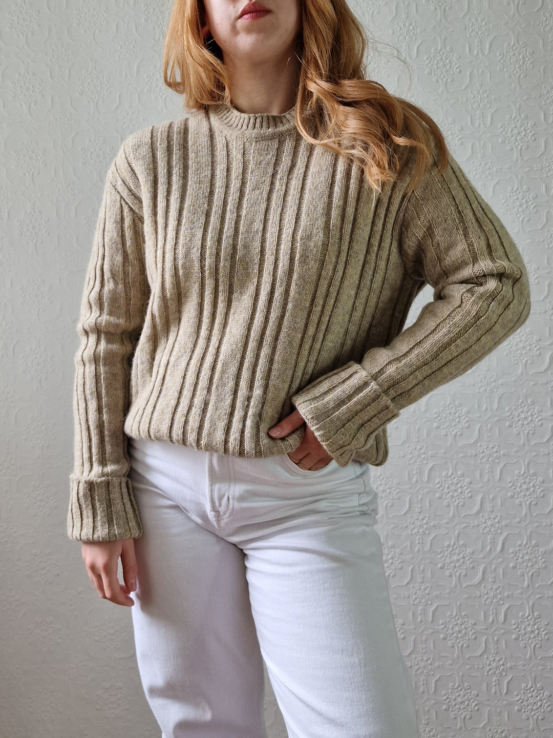 Vintage 70s Shetland Wool Light Brown Jumper with Crew Neck - M