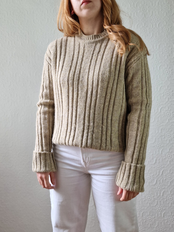 Vintage 70s Shetland Wool Light Brown Jumper with Crew Neck - M