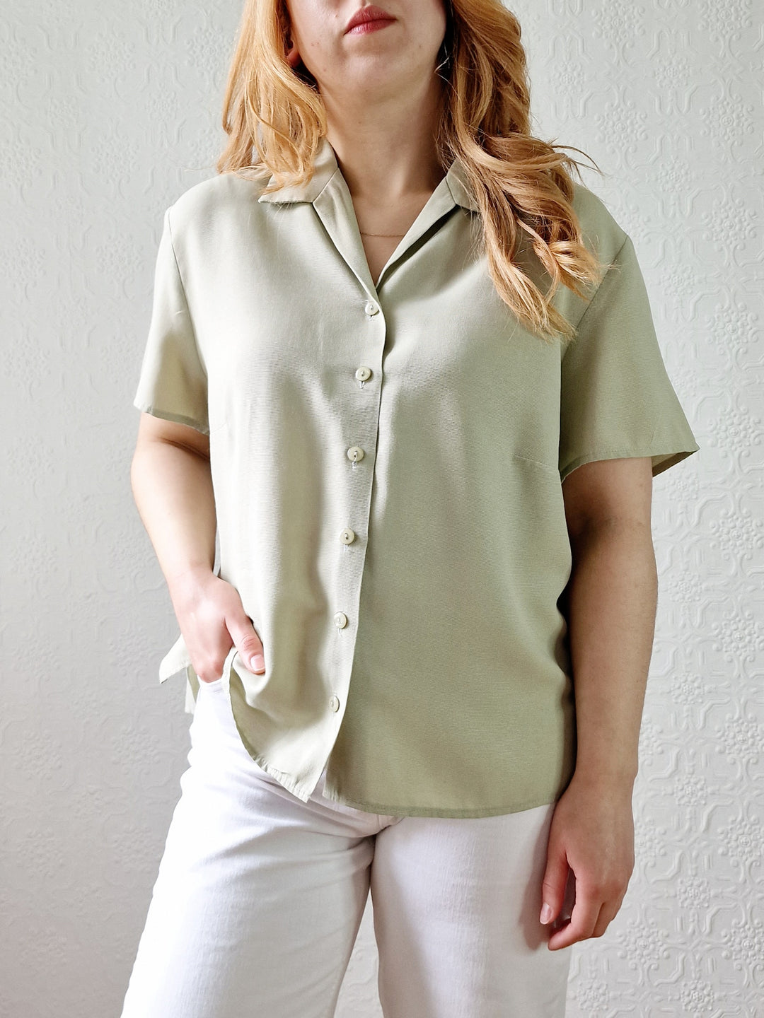 Vintage 90s Light Khaki Green Button Down Half Sleeve Blouse - M/L