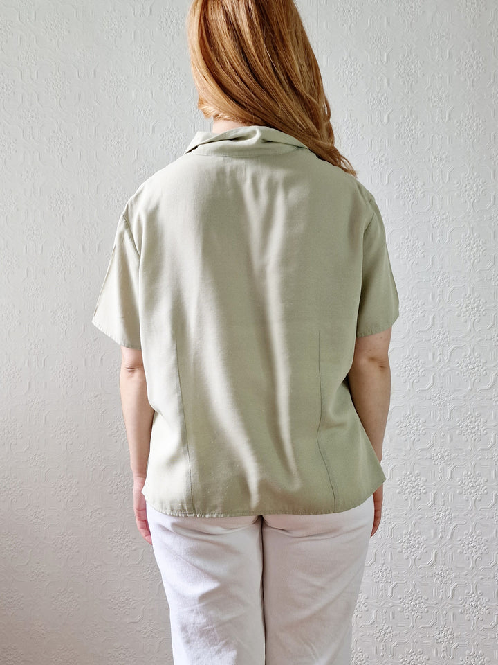 Vintage 90s Light Khaki Green Button Down Half Sleeve Blouse - M/L