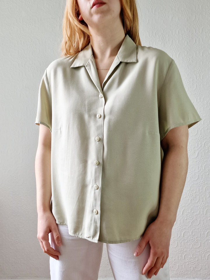 Vintage 90s Light Khaki Green Button Down Half Sleeve Blouse - M/L