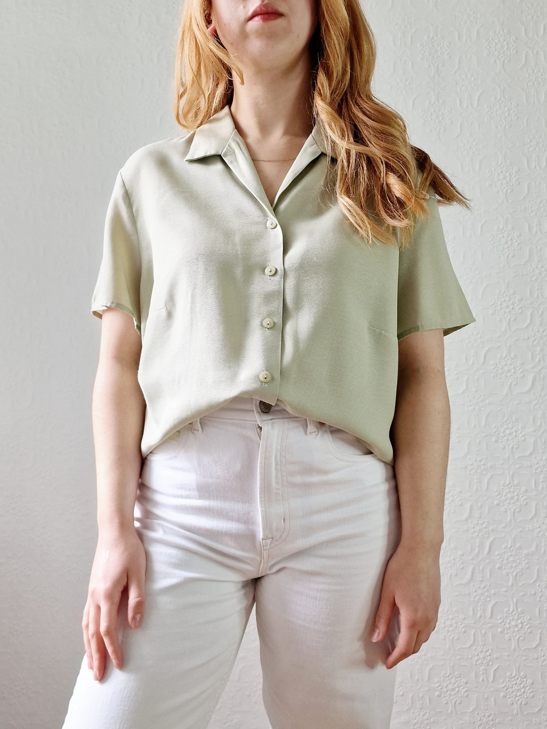 Vintage 90s Light Khaki Green Button Down Half Sleeve Blouse - M/L