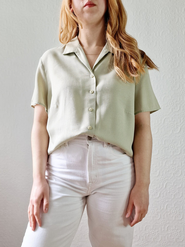 Vintage 90s Light Khaki Green Button Down Half Sleeve Blouse - M/L