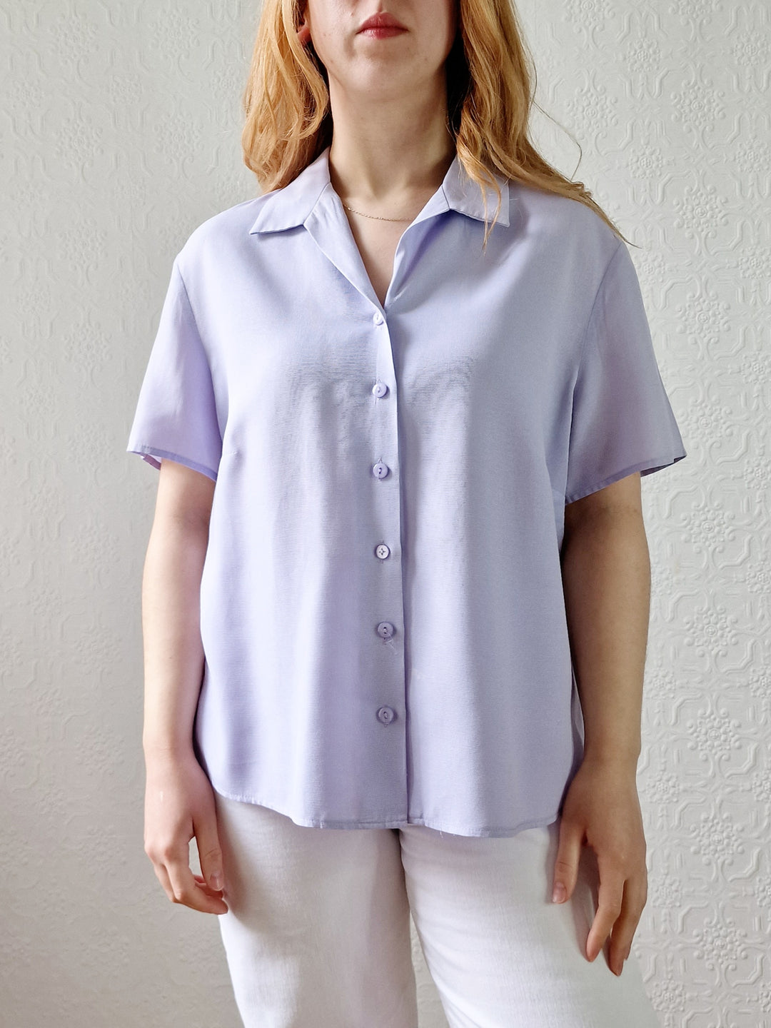 Vintage 90s Lilac Purple Button Down Half Sleeve Blouse - M/L